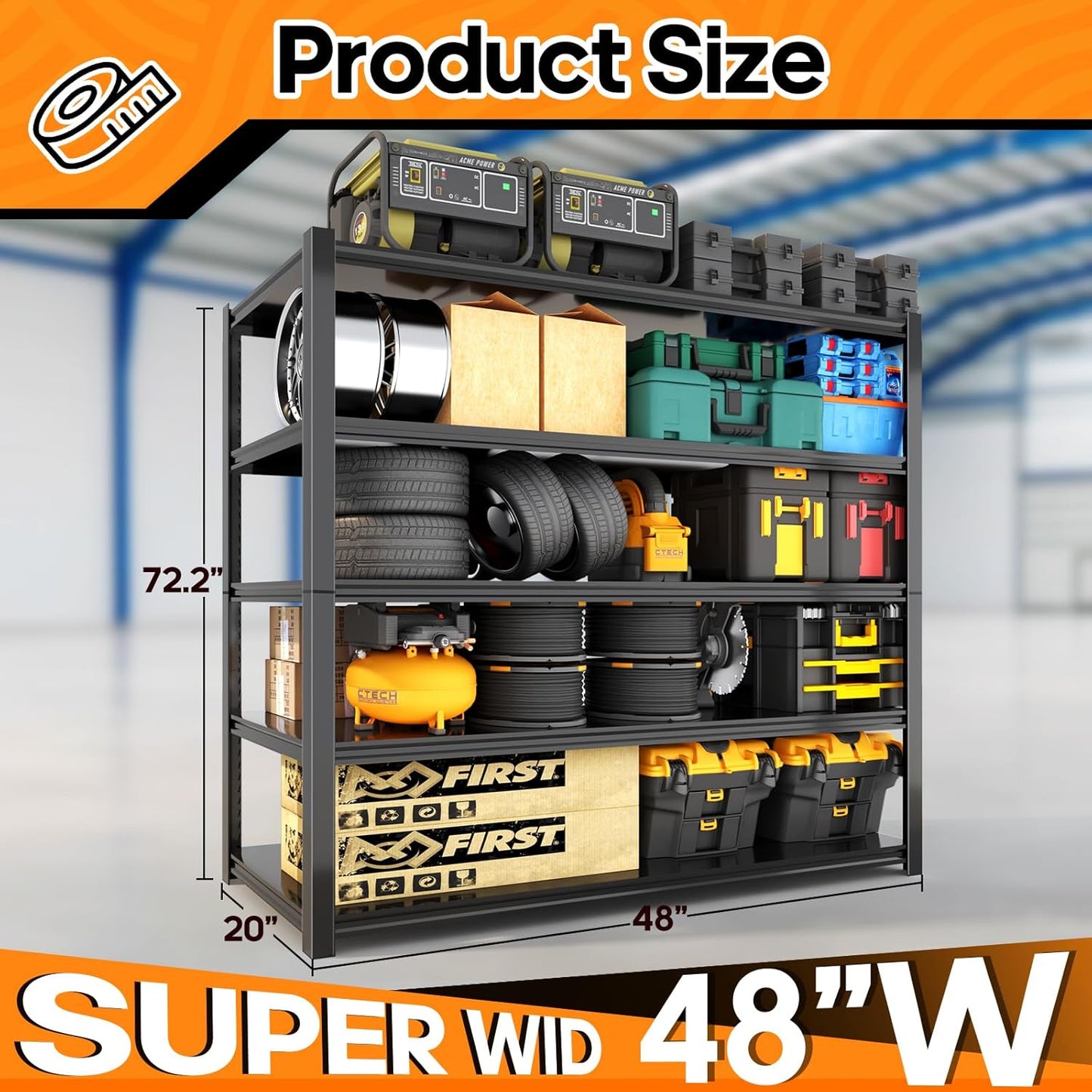 Garage Shelving Heavy Duty,5 Tier Adjustable Metal Shelving Storage Rack,Storage Shelves,48" Wx20 Dx72.2 H,Industrial Shelving Unit for Basement,Warehouse,Garage Organization.2 Pack