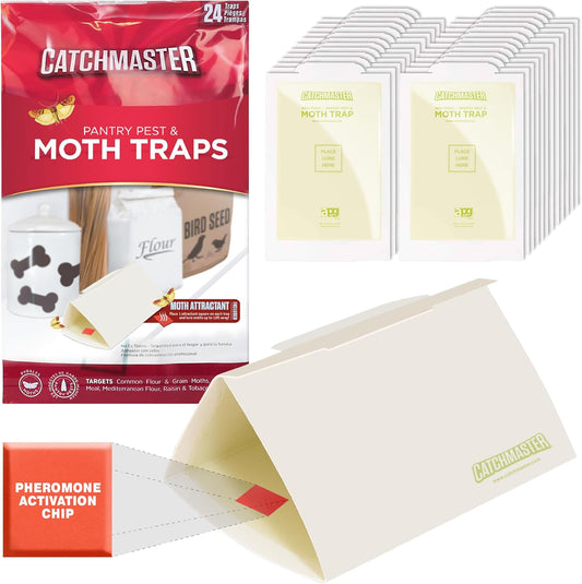 Catchmaster Pantry Pest & Moth Traps 24-Pk, Bug Killer for Kitchen Storage & Pantry Cabinet, Sticky Moth Traps for House, Protect Pet Food, Kitchen Cabinets Storage, Pet Safe Glue Trap