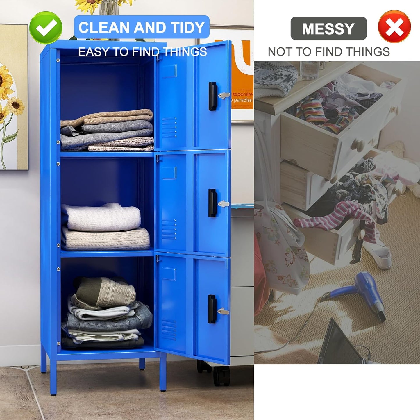 METAN Metal Storage Employees Locker with 3 Lockable Doors,47''H*16''W*16''D Locking Storage Cabinets for Small Spaces,Home,School,Gym,Assembly Required,Blue