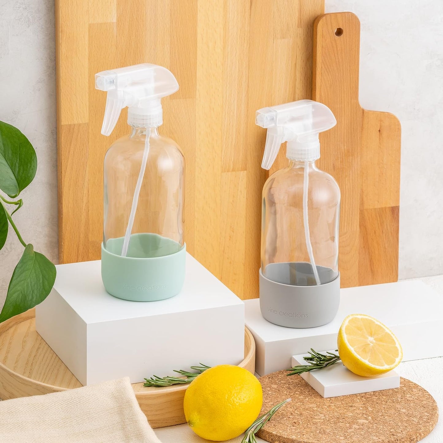 Vine Creations Glass Spray Bottles for Cleaning Solutions, Clear Glass Spray Bottle with Silicone Sleeve, 16 oz Empty Spray Bottles for Cleaning, Plant Spray Bottle, Mist and Stream Nozzle - 2 Pack