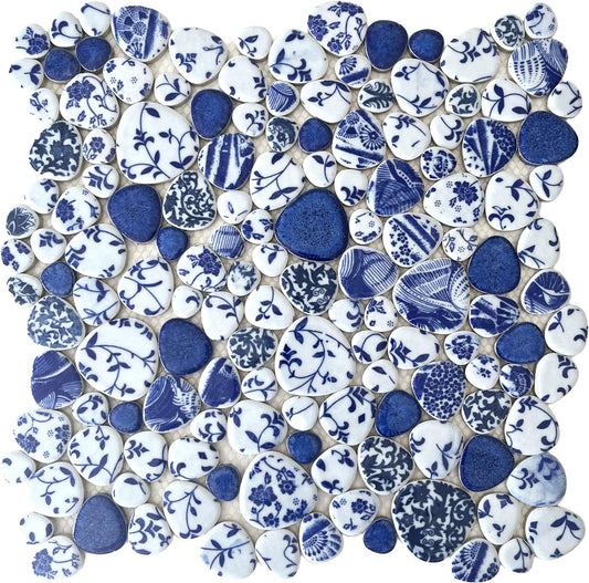 Blujellyfish Blue & White Pebble Tile Porcelain Mosaic Tiles for Art Deco (Pack of 5)
