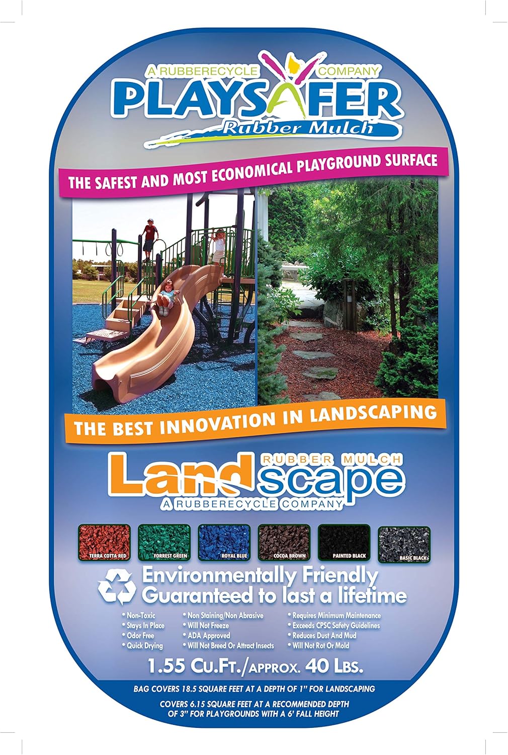 Playsafer Rubber Mulch Nuggets Protective Flooring for Playgrounds, Swing-Sets, Play Areas, and Landscaping (40 LBS - 1.55 CU. FT., Black)