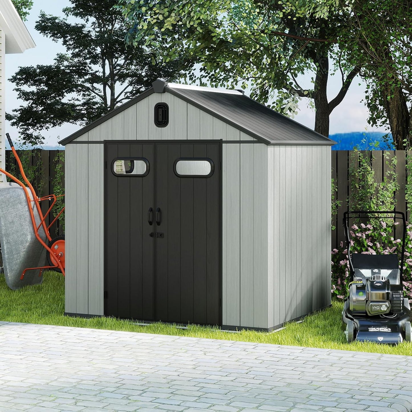 Domi 8x6FT Outdoor Resin Storage Shed with Transparent Windows & Louvered Vents, Plastic Tool Shed with Double Lockable Doors & Gable Roof, Outside Garden Shed for Backyard, Patio, Lawn, Grey