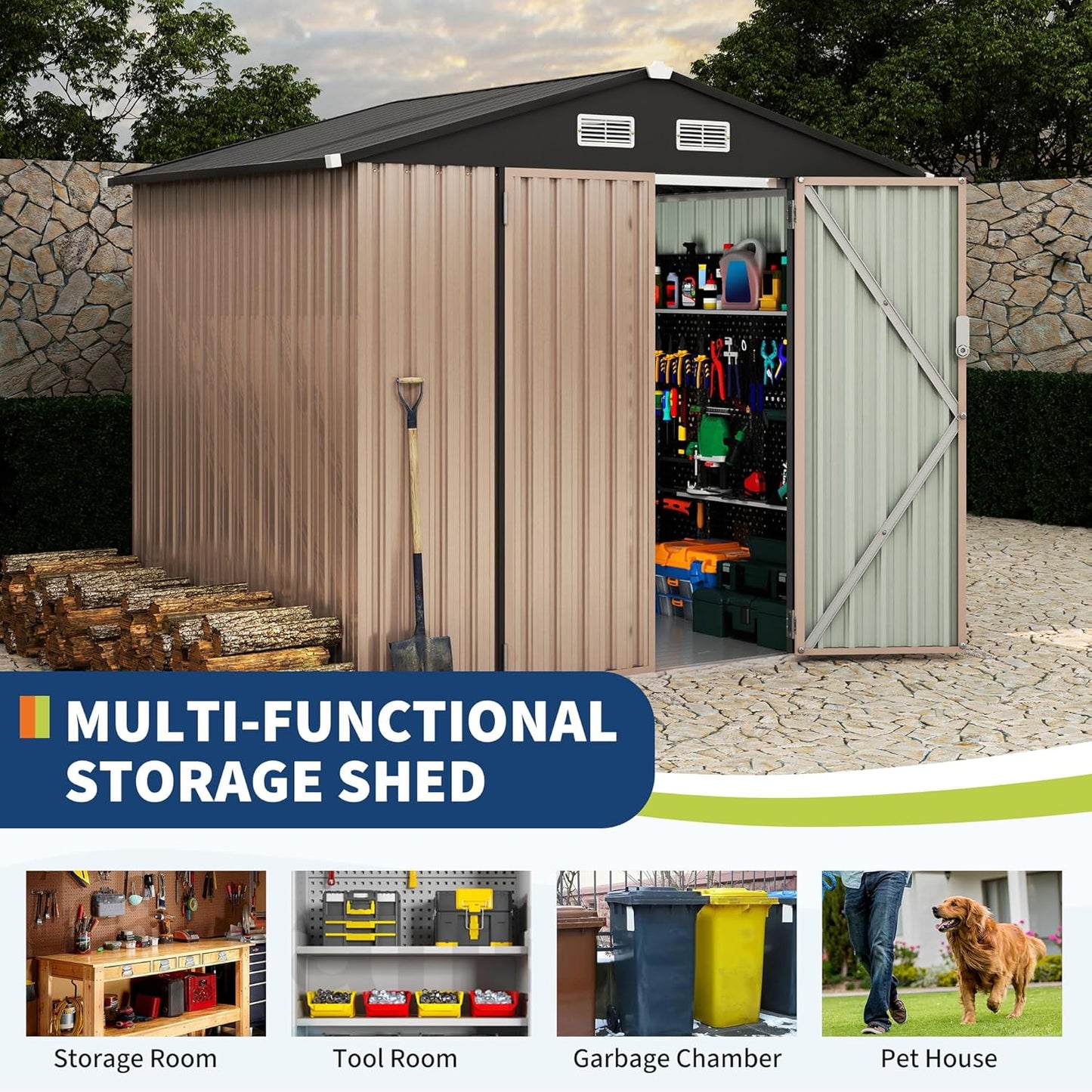 6x8 FT Metal Storage Sheds Outdoor with Floor, Metal Yard Sheds Garden Shed Kit, MetalTool Shed with Lockable Door, Metals UtilitySheds Buildings with Air Vent for Backyard Garden Patio Lawn