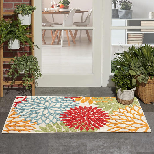 Nourison Aloha Indoor/Outdoor Green 3' x 5' Area Rug, Tropical, Botanical, Easy Cleaning, Non Shedding, Bed Room, Living Room, Dining Room, Deck, Backyard, Patio (3x5)