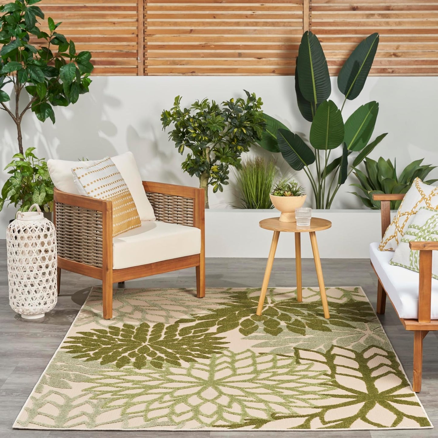 Nourison Home Aloha Tropical Indoor/Outdoor Ivory Green 6' x 9' Area Rug, Easy Cleaning, Non Shedding, Bed Room, Living Room, Dining Room, Backyard, Deck, Patio (6x9)