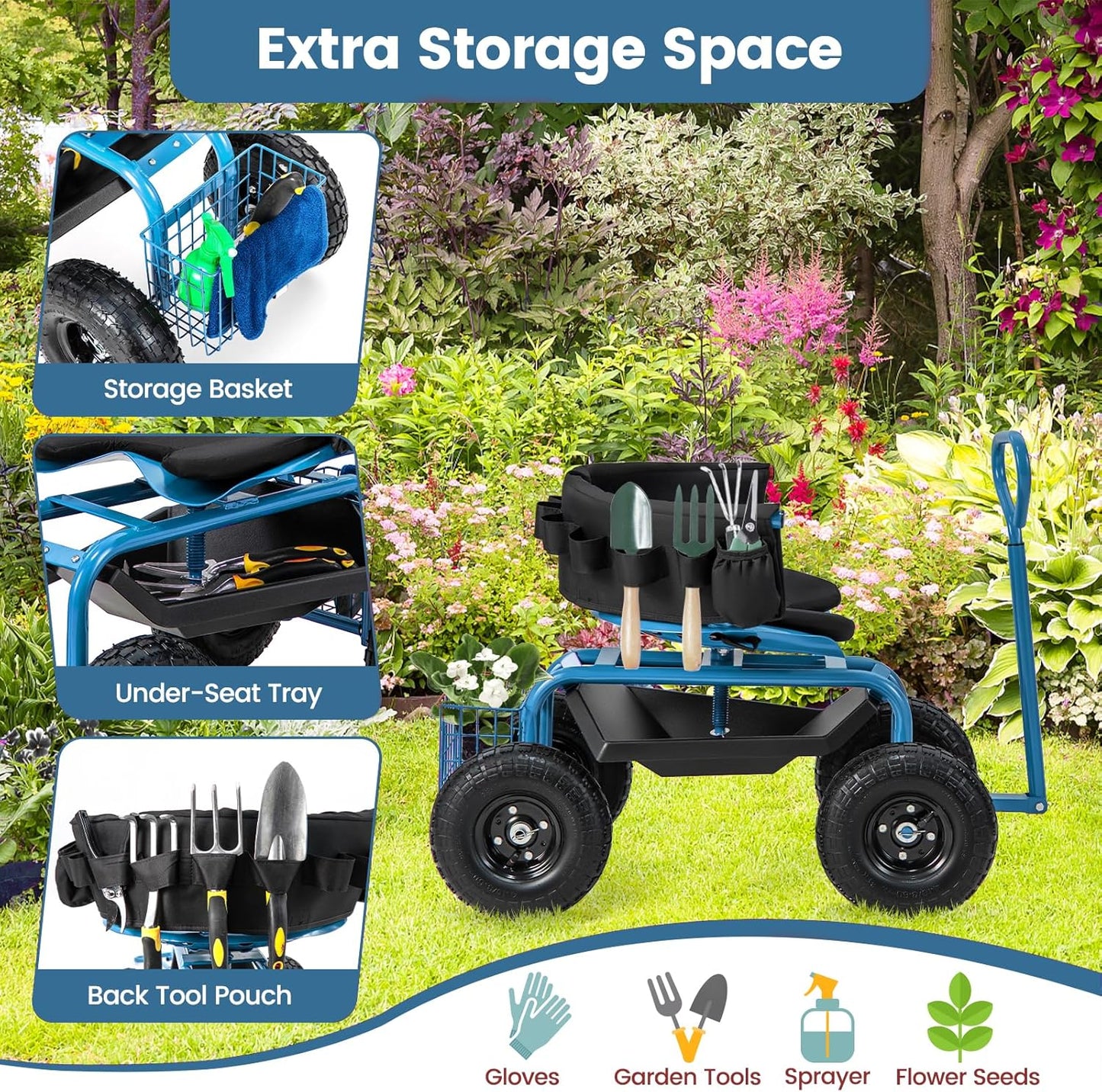 Goplus Garden Seat with Wheels, Rolling Gardening Stool with Adjustable 360° Swivel Seat, Tool Tray & Storage Basket, Extendable Handle, Outdoor Gardening Scooter, Garden Cart Workseat for Seniors