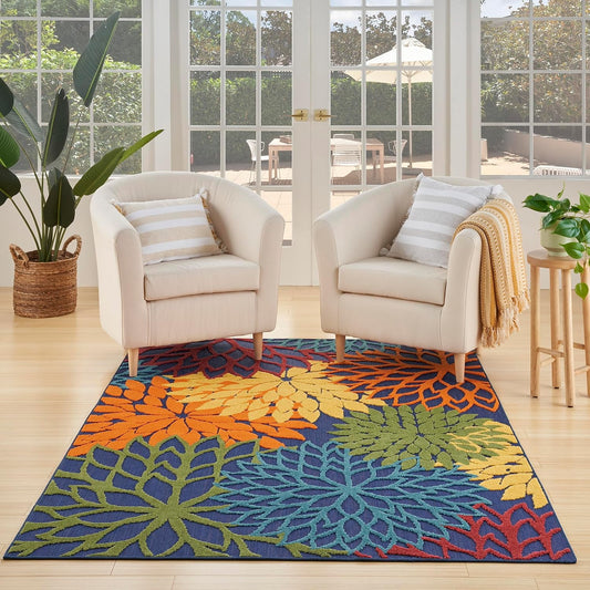 Nourison Aloha Indoor-Outdoor Navy Multicolor 3'6" x 5'6" Area Rug, Easy Cleaning, Non Shedding, Bed Room, Living Room, Dining Room, Backyard, Deck, Patio (4x6)