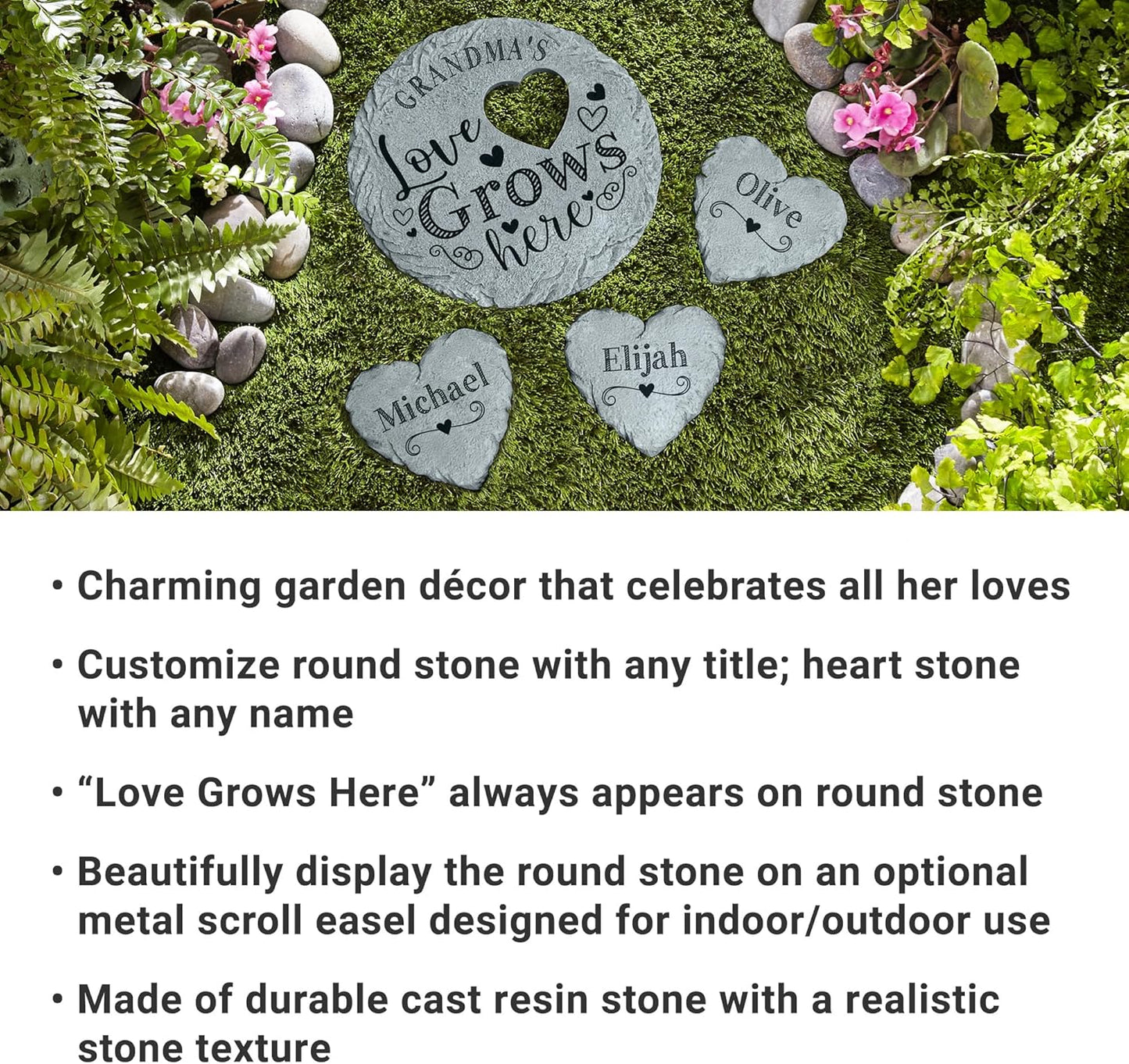 Let's Make Memories Personalized Garden Stone - Resin - Custom Garden Décor - Love Grows Here Round Stone with Heart Cutout - for Dad - for Father's Day