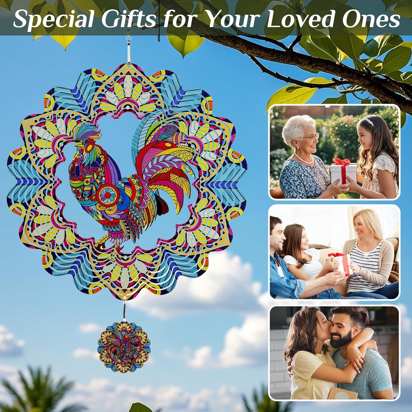 Wind Spinners Outdoor Hanging Rooster - Metal Chicken Gifts for Mom Women Grandma Men, 11.5 Inch 3D Stainless Steel Laser Cut Art Kinetic Wind Spinner for Indoor/Garden Porch Yard Decor