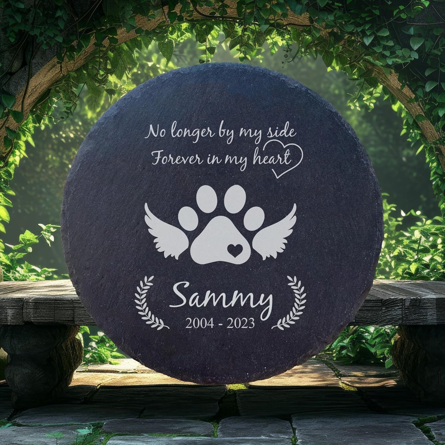 Personalized Pet Memorial Stone for Dogs and Cats | Custom Laser-Etched Weatherproof Garden Grave Marker | Natural Stone Bereavement Headstone Sympathy Gift | 4, 6, 10, or 12 Inch Heart or Circle Shape (A3)