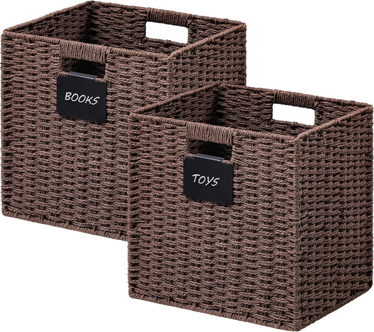 UBBCARE 2 Pack Wicker Basket, 13×13 Storage Cubes with Label, Foldable Cube Storage Bin with Handle, Square Storage Basket for Shelves, Woven Paper Rope Basket for Organizing, Brown