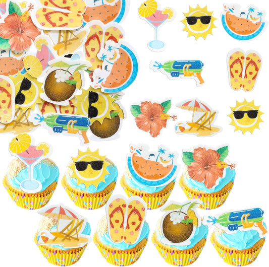 Ephlyn 54Pcs Edible Summer Beach Pool Cupcake Toppers Sun Flower Watermelon Water Gun Coconut Slippers Cupcake Picks Hawaii Theme Birthday Party Cake Decorations Supplies Red Yellow