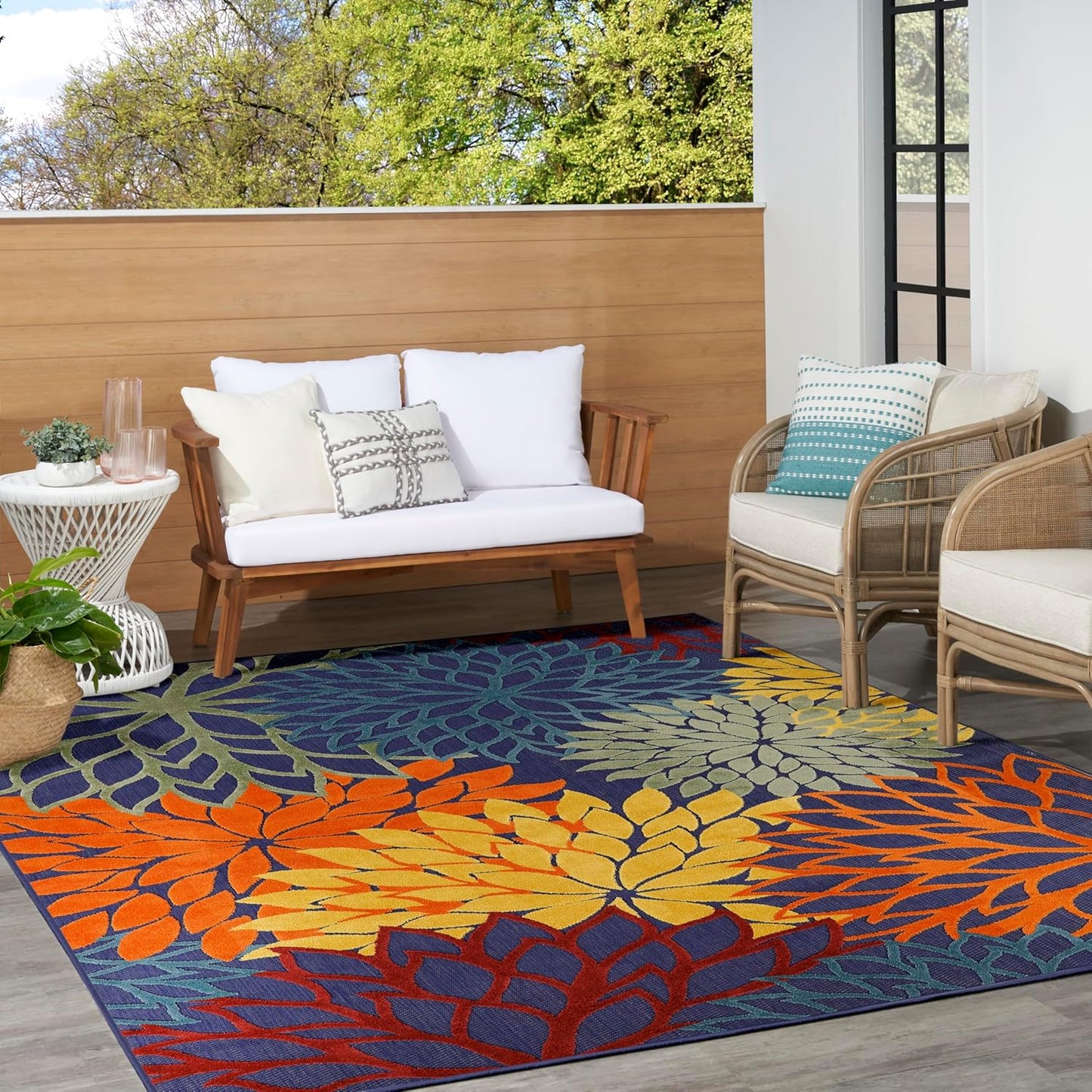 Nourison Home Aloha Indoor/Outdoor Modern Navy Multicolor 7'10" x 10'6" Area Rug, Easy Cleaning, Non Shedding, Bed Room, Living Room, Dining Room, Backyard, Deck, Patio (8x11)