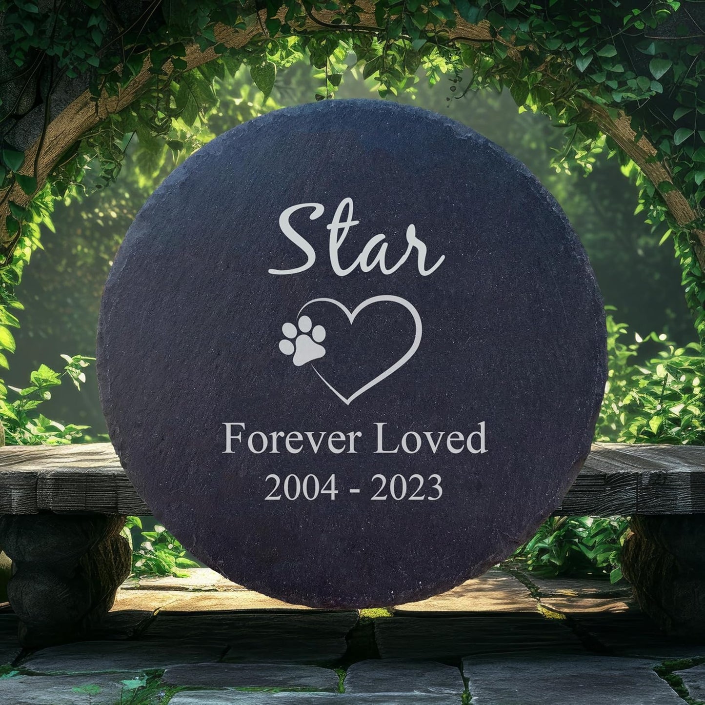 Personalized Pet Memorial Stone for Dogs and Cats | Custom Laser-Etched Weatherproof Garden Grave Marker | Natural Stone Bereavement Headstone Sympathy Gift | 4, 6, 10, or 12 Inch Heart or Circle Shape (A4)