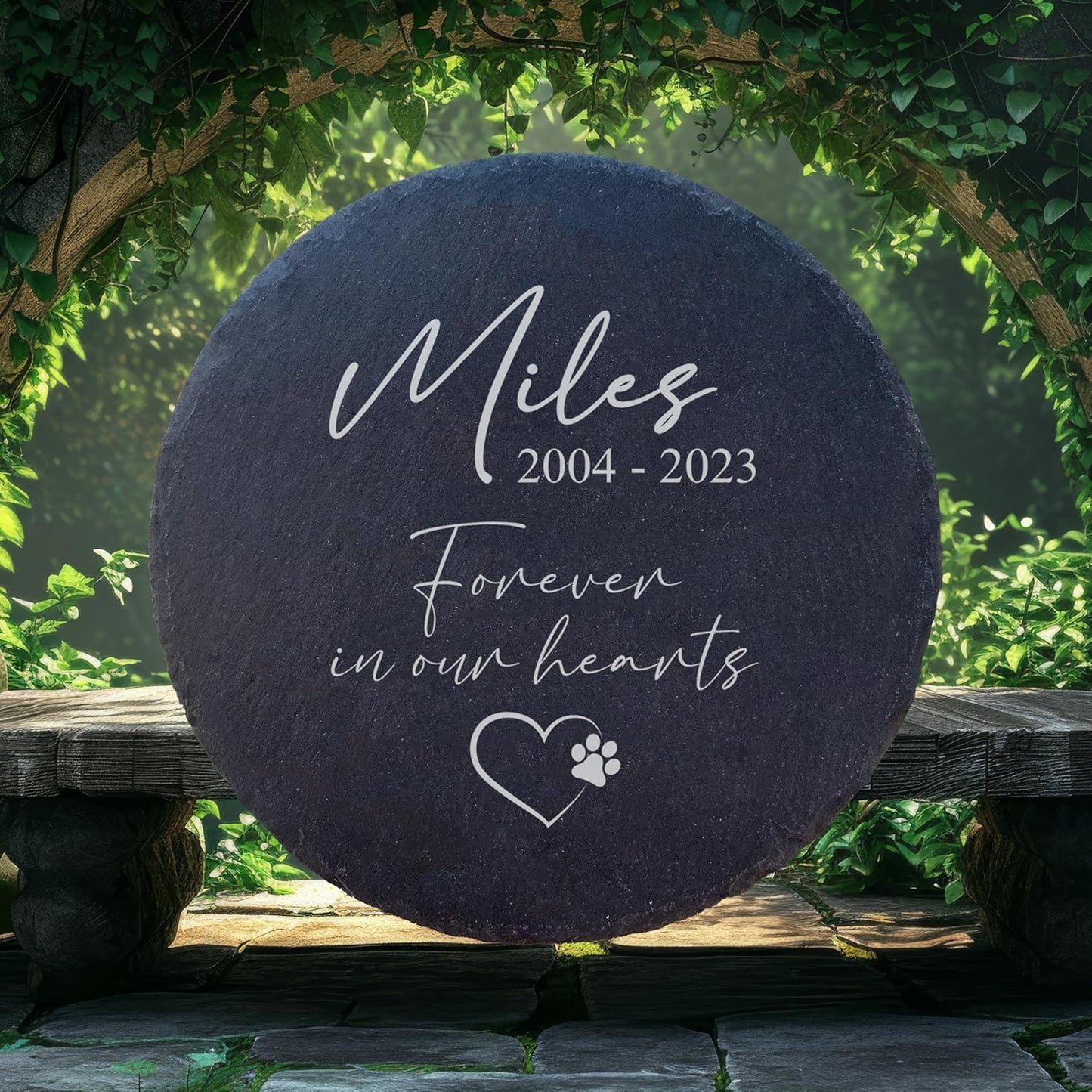 Personalized Pet Memorial Stone for Dogs and Cats | Custom Laser-Etched Weatherproof Garden Grave Marker | Natural Stone Bereavement Headstone Sympathy Gift | 4, 6, 10, or 12 Inch Heart or Circle Shape (A2)