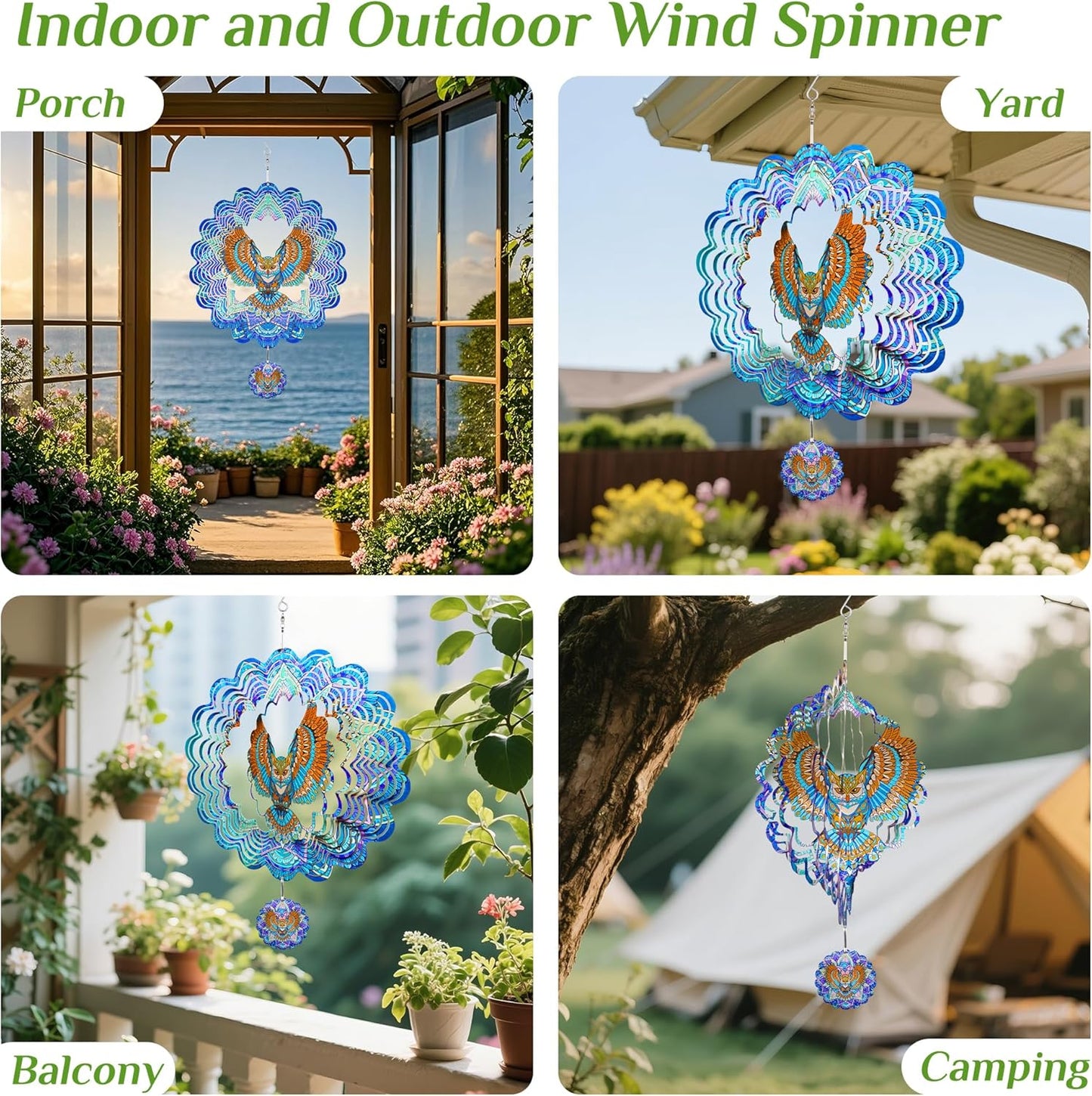 Hanging Wind Spinners Outdoor - Owl Gifts for Mom Dad Grandma, 11.5 Inch 3D Metal Birds Wind Catcher Art Garden Kinetic Wind Sculptures & Spinners for Garden Yard Porch Decor