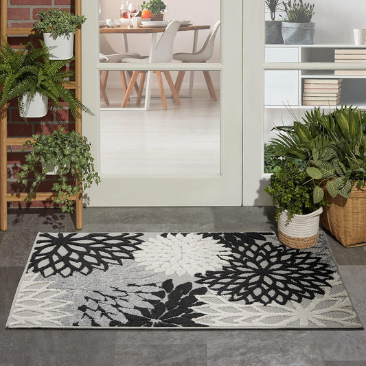 Nourison Aloha Indoor/Outdoor Black White 2'8" x 4' Area Rug, Tropical, Botanical, Easy Cleaning, Non Shedding, Bed Room, Living Room, Dining Room, Deck, Backyard, Patio (3x4)