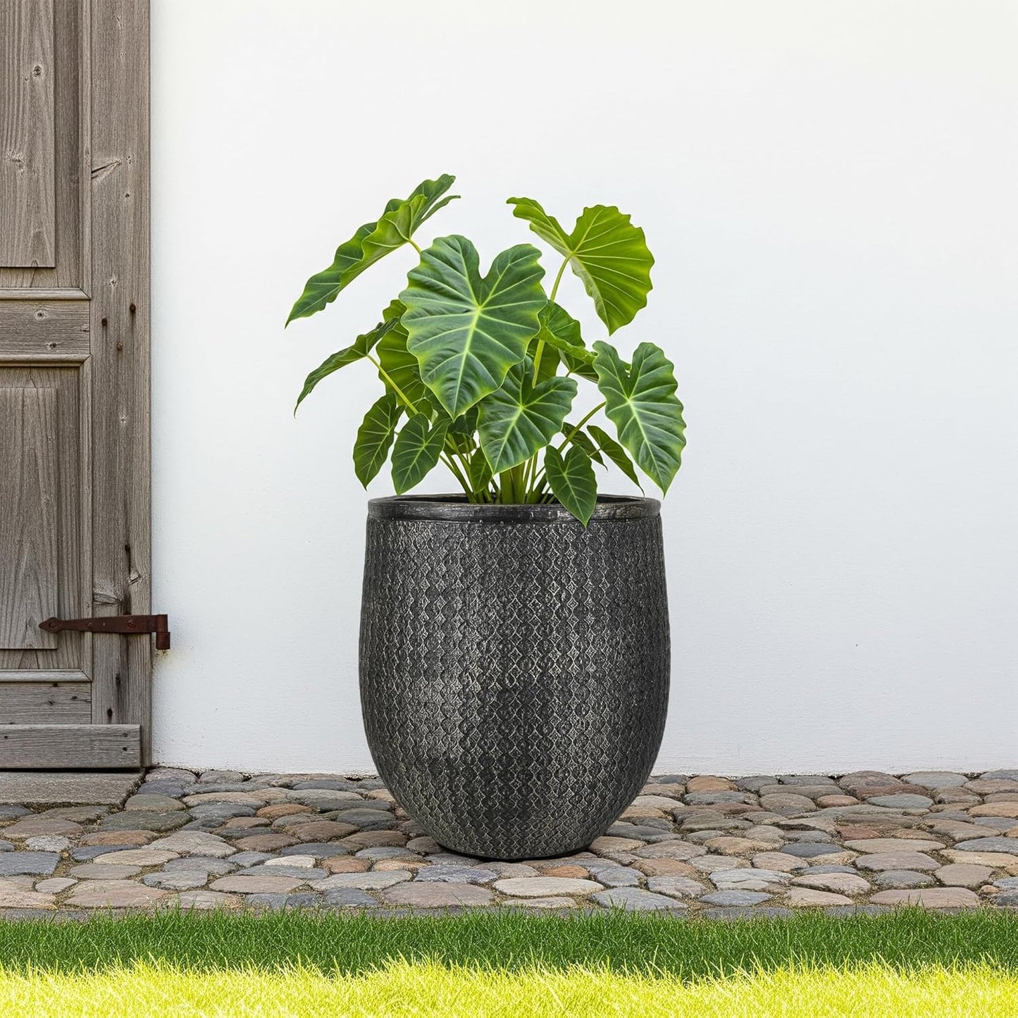 Worth Garden 12" Dia x 15" H Round Planter – Lightweight Magnesium Oxide Cement Plant Pot with Texture – Raised Pattern Concrete Look – Drainage Hole – Indoor & Outdoor Use - Black Gold