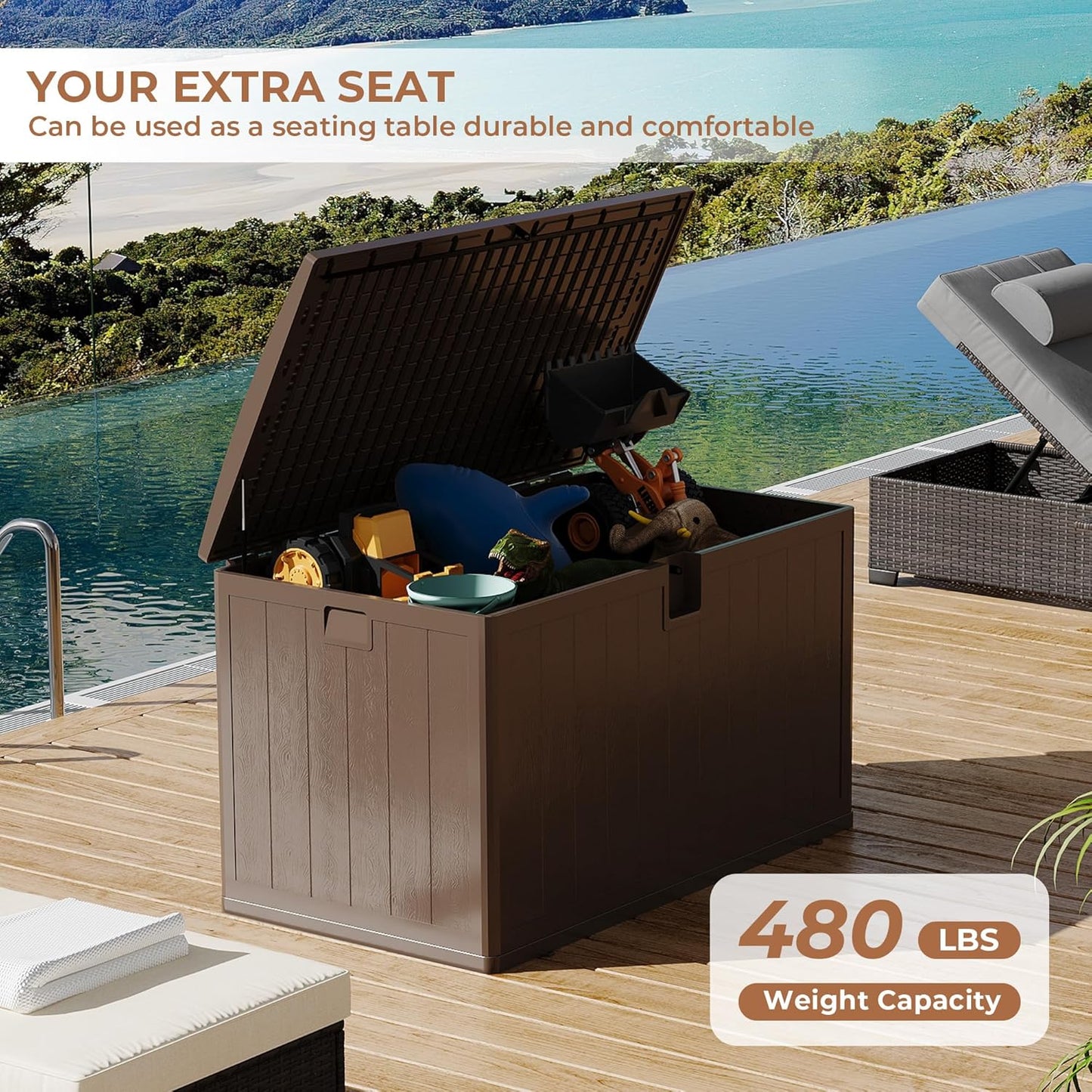 130Gallon Brown Resin Deck Box, Outdoor Storage Box Waterproof Lockable, Patio Deck Box For Package Delivery, Outside Storage Box Container for Furniture Cushions, Garden Tools, Pool Accessories