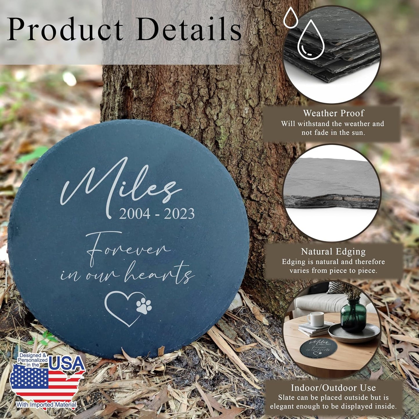 Personalized Pet Memorial Stone for Dogs and Cats | Custom Laser-Etched Weatherproof Garden Grave Marker | Natural Stone Bereavement Headstone Sympathy Gift | 4, 6, 10, or 12 Inch Heart or Circle Shape (A2)
