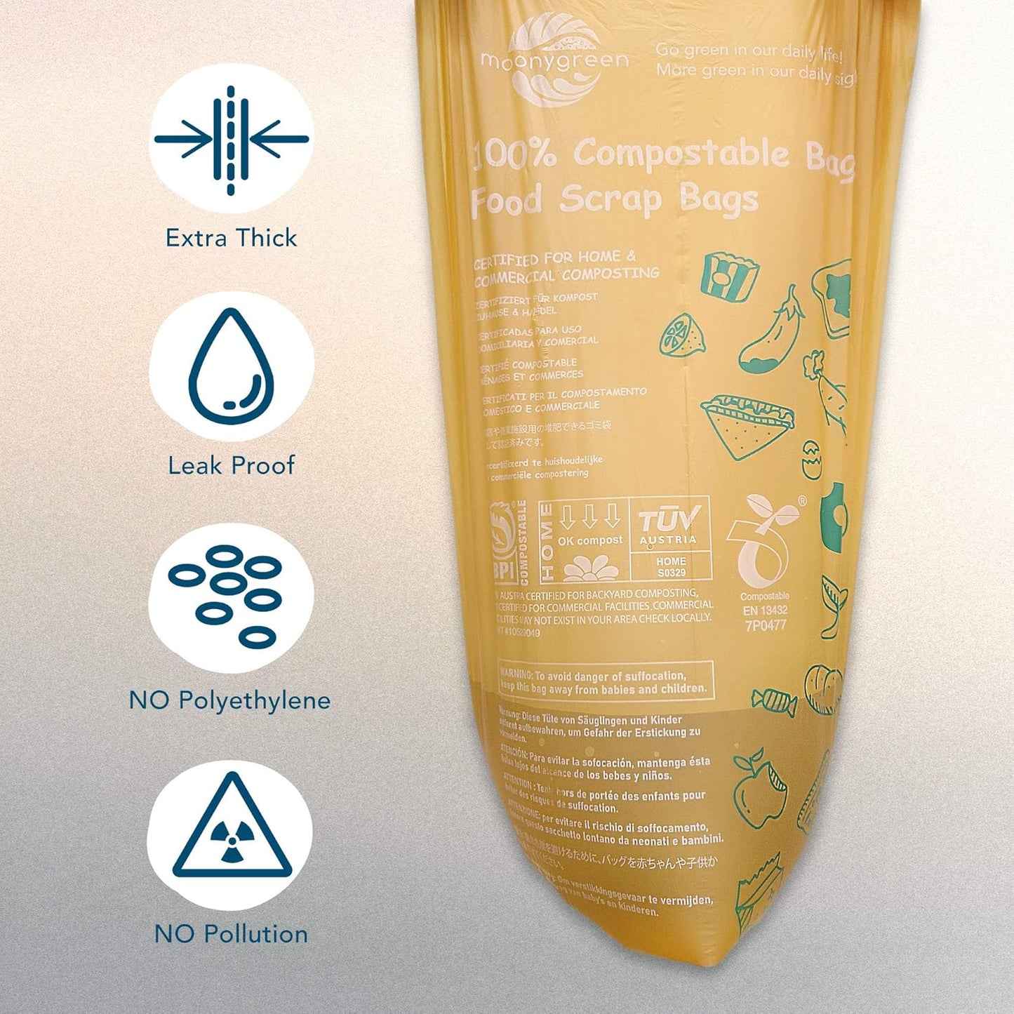 Compostable Trash Bags, 2.6 Gallon, 9.84 Liter, 200 Count, Extra Thick, Food Scrap Small Kitchen Waste Bags, US BPI ASTM D6400 and Europe OK Compost Home Certified