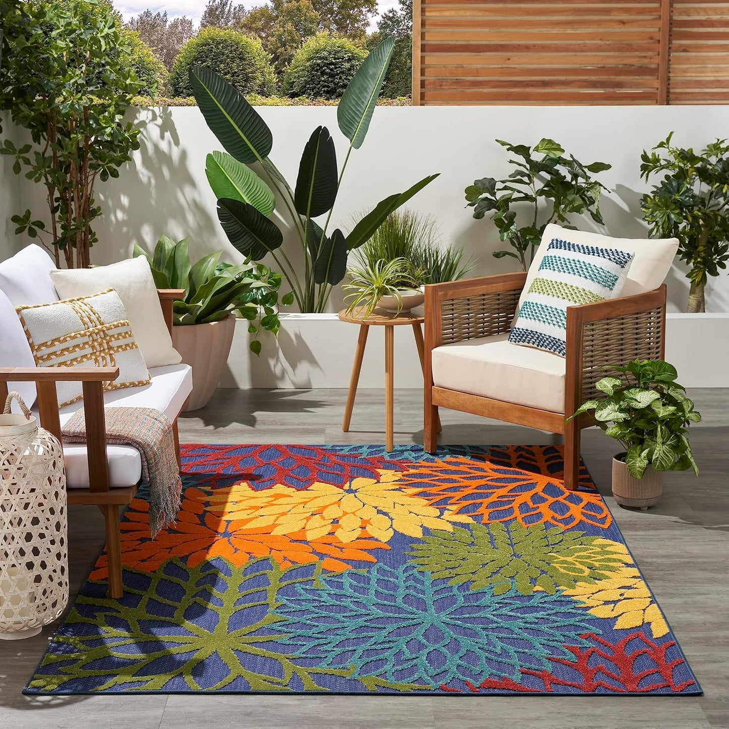 Nourison Home Aloha Indoor-Outdoor Navy Multicolor 5'3" x 7'5" Area Rug, Easy Cleaning, Non Shedding, Bed Room, Living Room, Dining Room, Backyard, Deck, Patio (5x7)